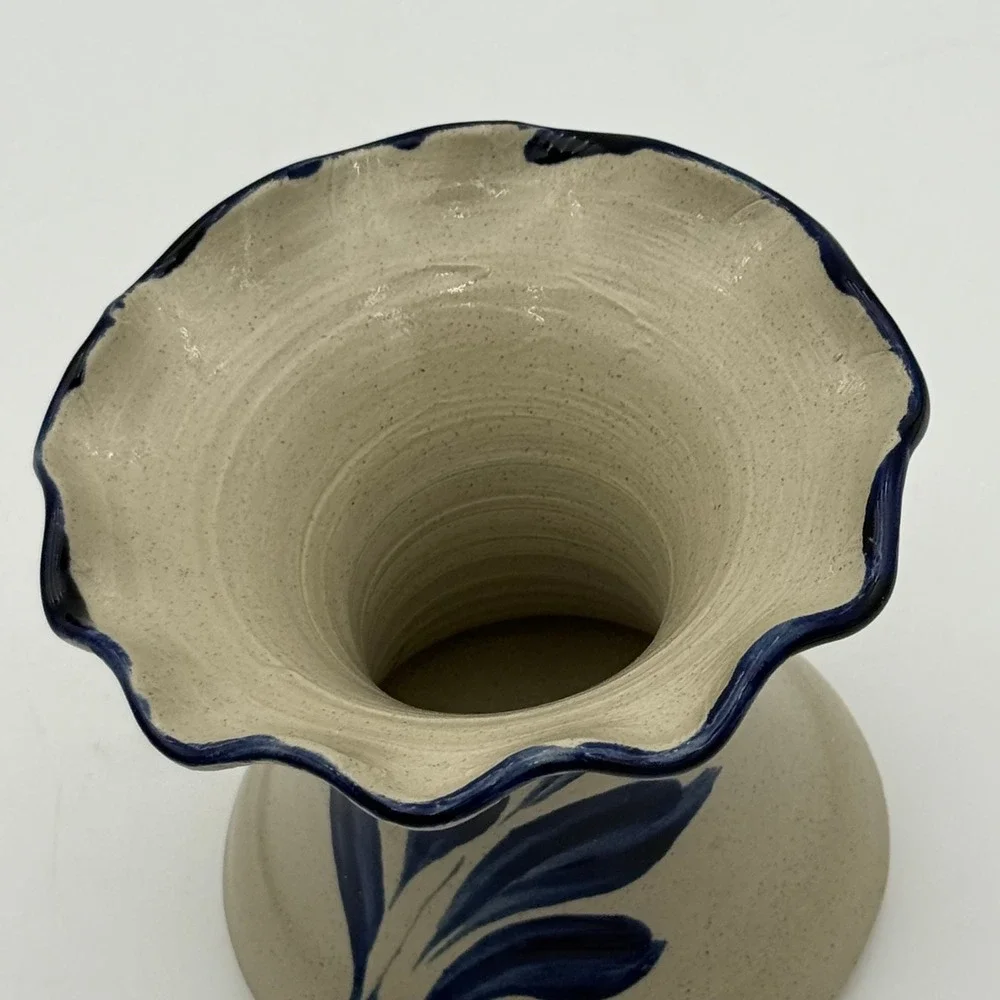 WPF Pottery 2001 Blue Leaf Salt Glaze Stoneware Ruffled Vase Farmhouse Decor
